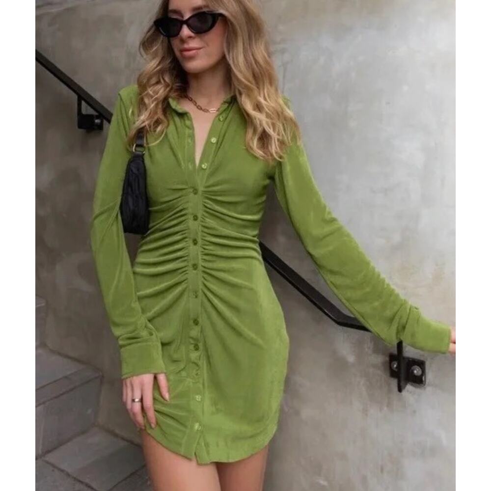 WITH JEAN Women's Cut Andy Green Long Sleeve Ruched Front Mini Dress Size S